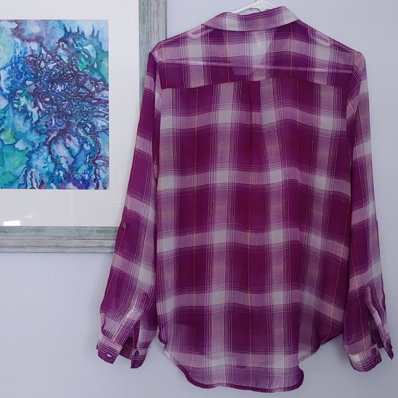 Kirra Sheer Plaid Button Down Roll Up Sleeves - Picture 4 of 14